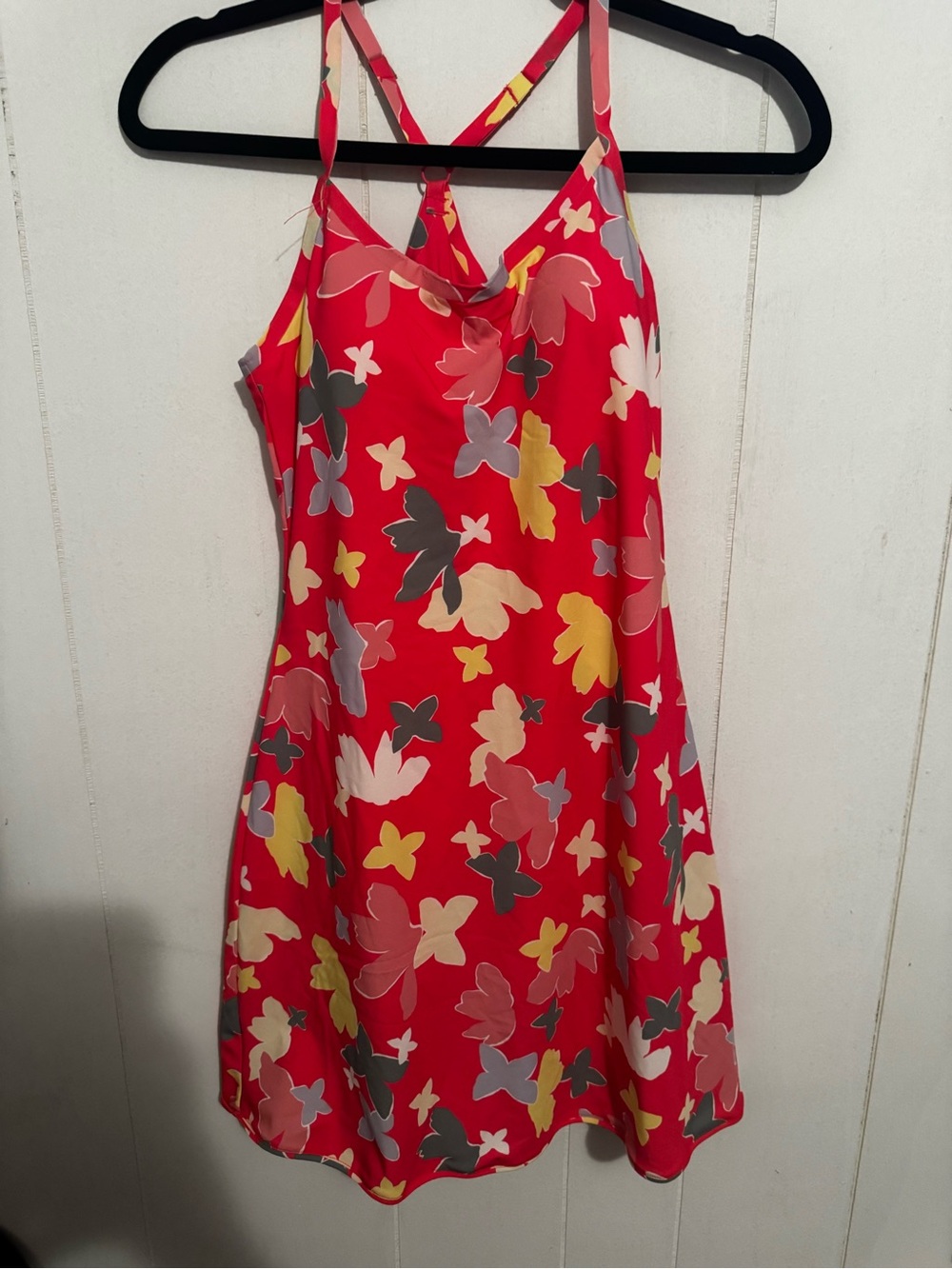 Outdoor Voices Red Floral Slip Dress with Multicolor Petal Print